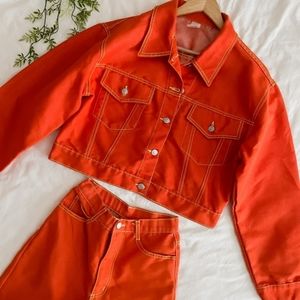 VINTAGE WAVE TANGERINE ORANGE CROPPED BOMBER DENIM JACKET